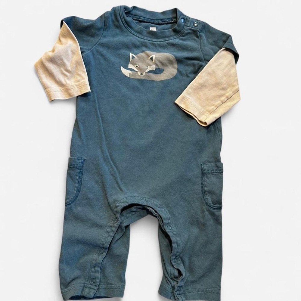 Adorable Tea Collection Blue and Beige Fox Baby Romper